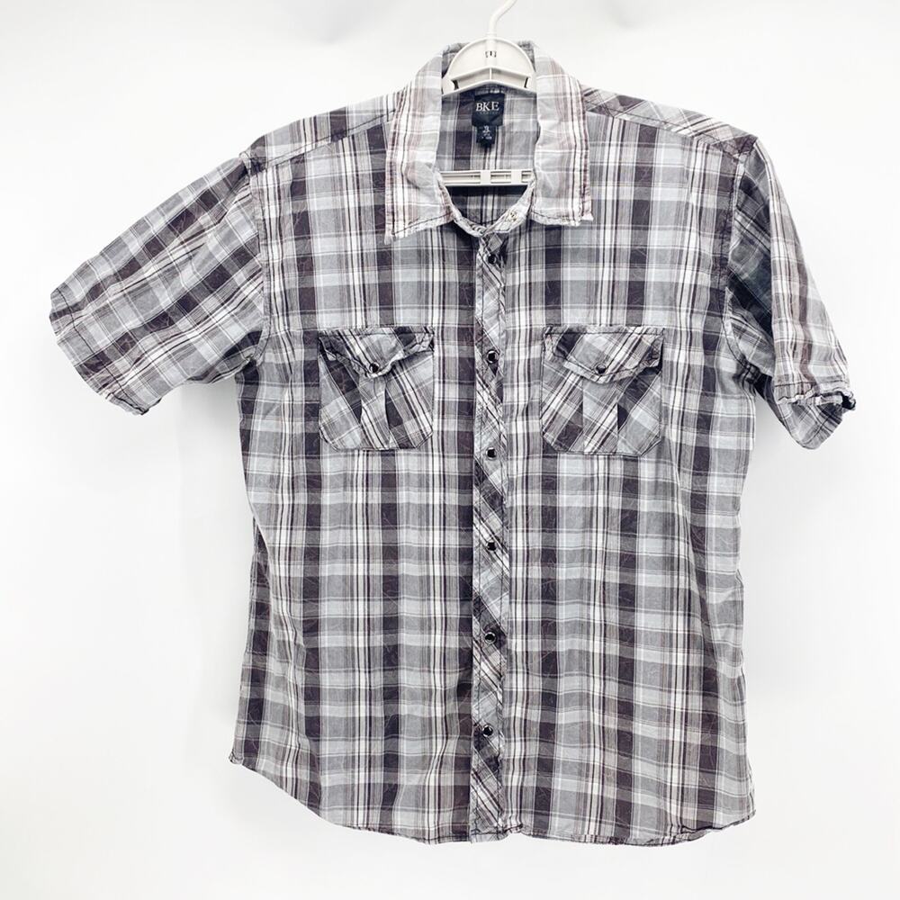 BKE brown plaid button down size XL short sleeve snap buttons Western rodeo